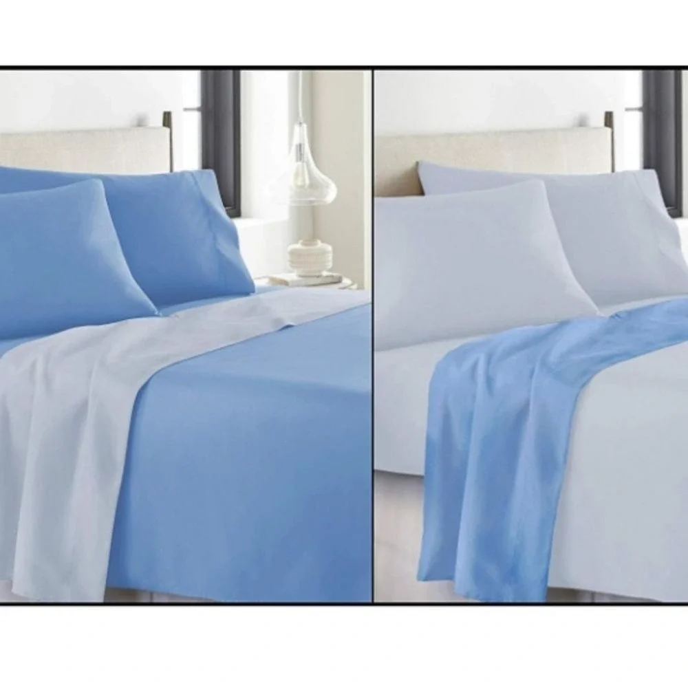 King Size 500 Thread Count Cotton Reversible Blue Sheet Set 4pc Two Looks in One